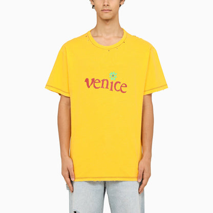 Erl Yellow Crew Neck T Shirt With Wears