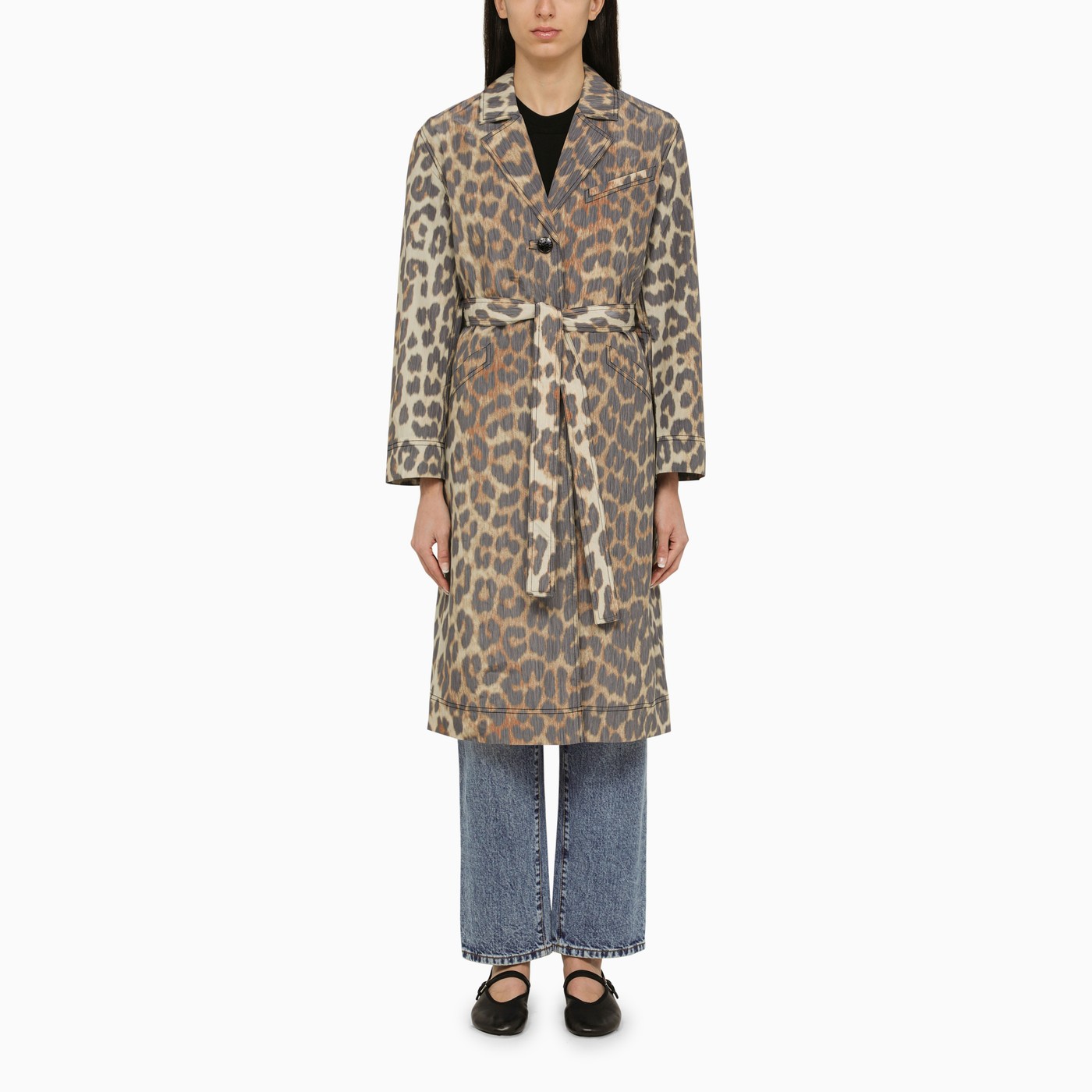 Ganni Leopard Print Single Breasted Coat